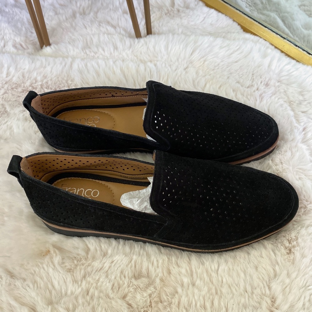 Franco Sarto Hadrea Perforated black suede loafers NEW